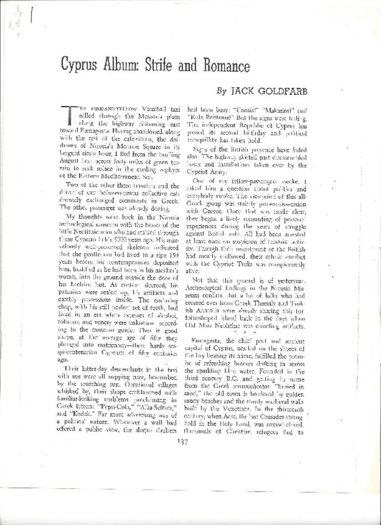 Article titled "Cyprus Album: Strife and Romance".