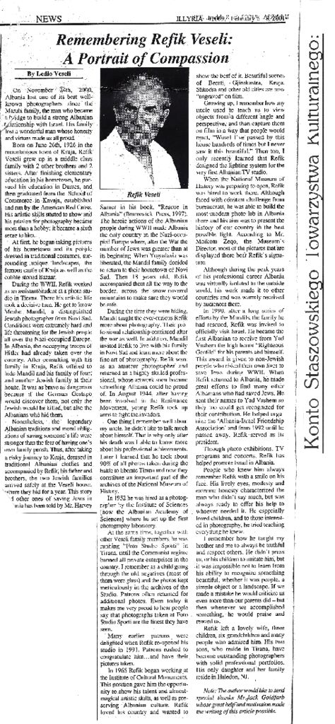 thumbnail of REMEMBERING REFIK VESELI. A PORTRAIT OF COMPASSION. Illyria Magazine. February 5-8, 2001
