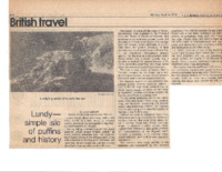 Original LUNDY-SIMPLE ISLE OF PUFFINS AND HISTORY. British Travel- The Christian Science Monitor. Monday, April 14, 1975.